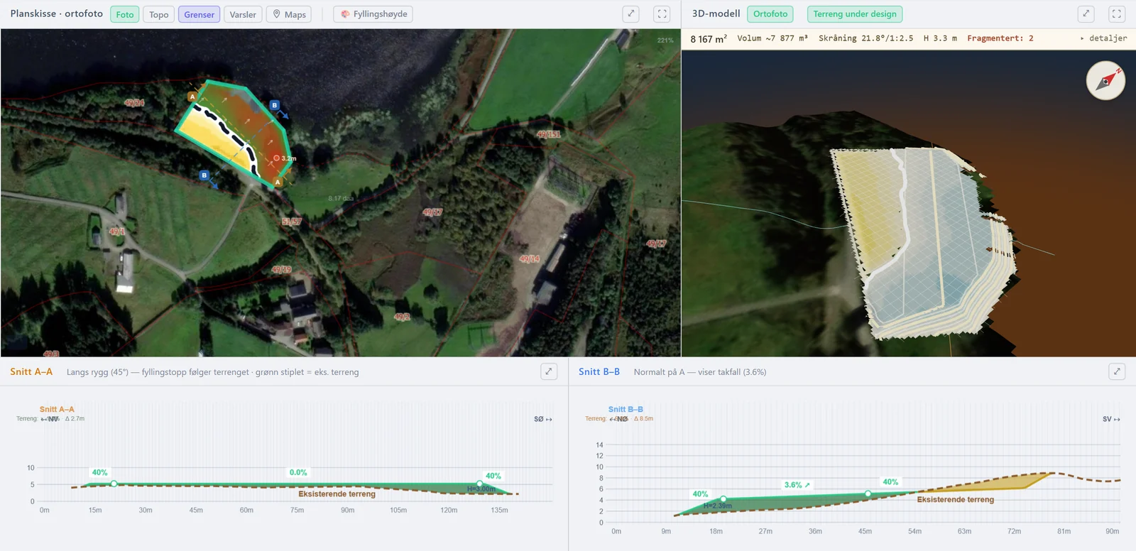 Skjermbilde fra Terrengplan: planskisse over ortofoto med prosjektert flate, 3D-modell av flaten i terrenget, og to snitt som viser skjæring og fylling mot eksisterende terreng.